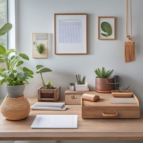 A serene, minimalist workspace with a wooden desk, a few neatly arranged files, a small potted plant, and a few organizing tools like a label maker, a small storage basket, and a desk calendar.