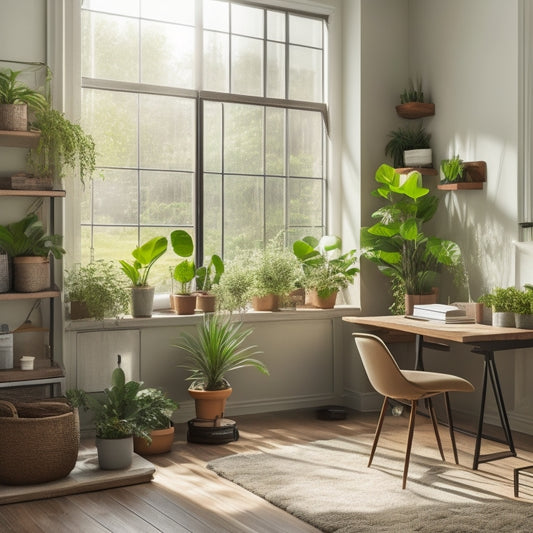 A clutter-free, minimalist room with a Murphy desk, floor-to-ceiling shelves, and a storage ottoman, surrounded by potted plants, with natural light pouring in through a large window.