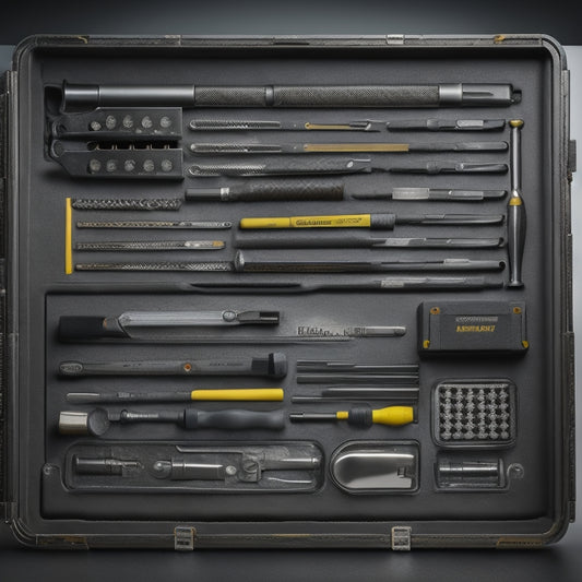 A tidy, well-organized socket tool box with ratchets, extensions, and sockets of various sizes, arranged on a soft, black foam insert, against a clean, metallic gray background.