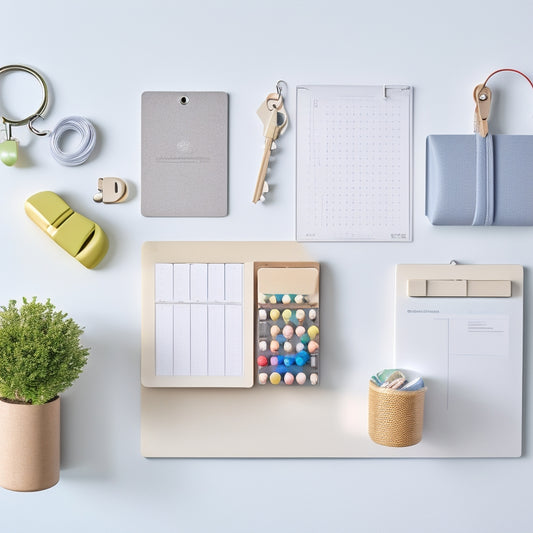 A tidy, minimalist workspace with a corkboard, hooks, and a keyring organizer, featuring 5-7 colorful keys and a few strategically placed desk accessories, against a clean, light-gray background.