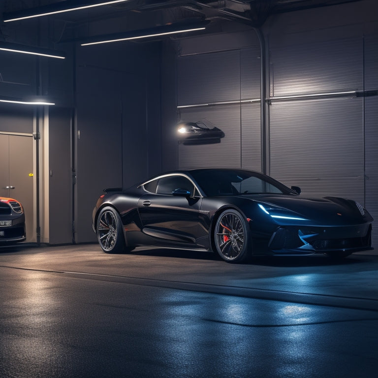 A sleek, black sports car with upgraded speakers and a premium sound system, parked in a dimly lit garage with neon lights reflecting off the polished floor.