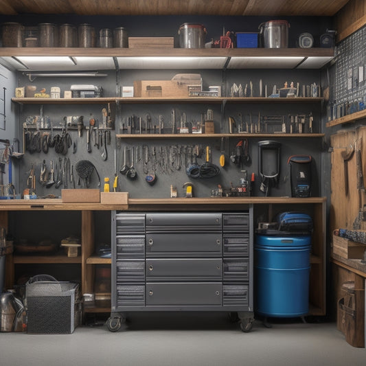 A tidy, well-lit garage with a pegboard on the back wall, holding various tools and accessories, alongside a workbench with built-in drawers and a rolling cabinet with labeled compartments.