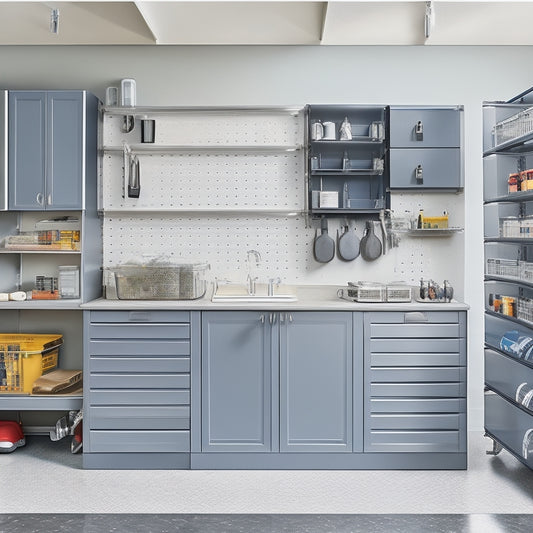 A well-organized garage with sleek, gray metal cabinets featuring sliding drawers and adjustable shelves, stocked with neatly arranged power tools, wrenches, and bins, set against a clean, white background.