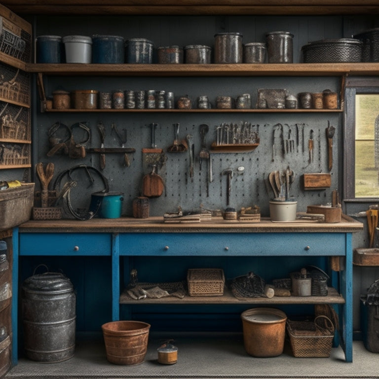 A tidy tool shed interior with pegboard walls, labeled bins, and a workbench featuring a neatly organized array of tools, baskets, and a small vintage metal cabinet.