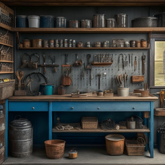 A tidy tool shed interior with pegboard walls, labeled bins, and a workbench featuring a neatly organized array of tools, baskets, and a small vintage metal cabinet.