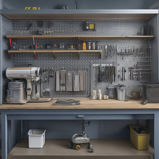 A tidy workshop with a pegboard adorned with neatly organized tools, a labeled storage bin, and a rolling cabinet with drawers, set against a clean, light-gray background.