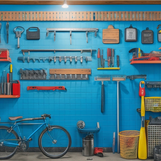 A well-organized garage with a pegboard on a wall, holding a neatly arranged selection of tools and accessories, including a socket set, wrenches, pliers, and a bicycle, with a few empty hooks for customization.