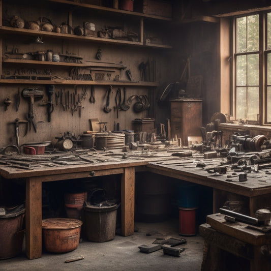 A cluttered workshop with a mix of hand tools and power tools scattered on a workbench, surrounded by three open tool chests of varying sizes, with drawers and compartments filled with organized tools.