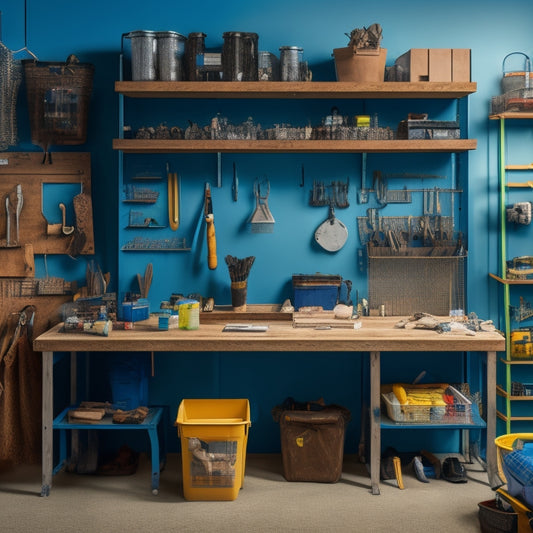 A clutter-free workshop with a pegboard filled with hanging tools, a labeled storage bin system, and a workbench with a vice, surrounded by a few organized piles of materials and a small, tidy trash can.