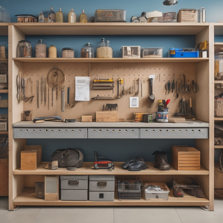 A clutter-free workshop with a pegboard on the wall, holding neatly organized tools, and a cabinet with labeled drawers in the background, surrounded by a clean and polished concrete floor.