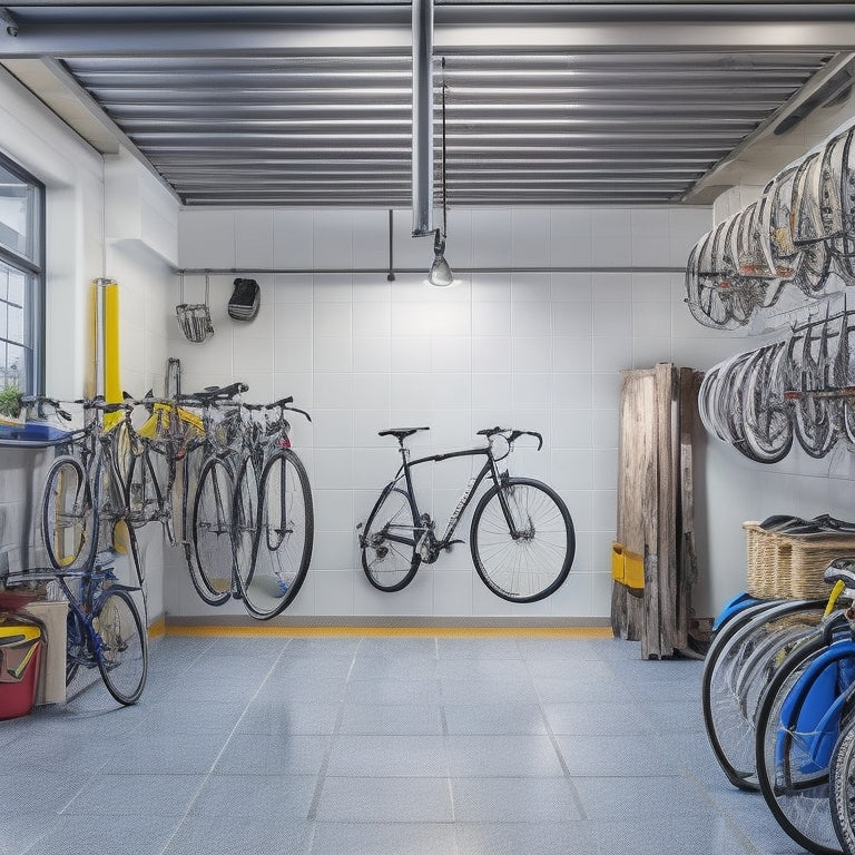 A clutter-free garage interior with multiple bicycles suspended from the ceiling using sleek, silver hooks, surrounded by organized storage bins and a few strategically placed shelves.