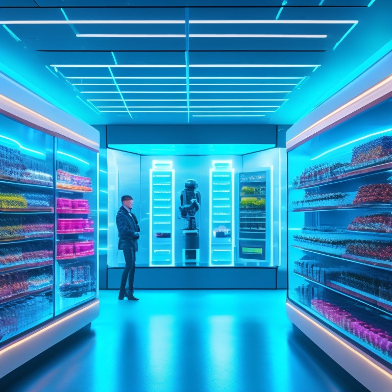 A futuristic retail store interior with sleek shelves, augmented reality displays, and robots restocking products, surrounded by holographic projections of data analytics and sales trends.