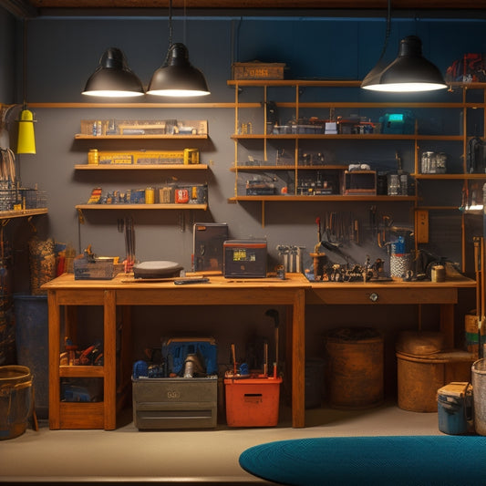 A well-lit, modern workshop with a pegboard on the back wall, holding various tools and accessories, alongside a modular shelving unit with labeled bins and a rolling tool chest in the foreground.