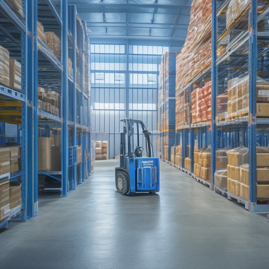 A sleek, silver forklift stands in a spotless warehouse, surrounded by rows of neatly organized shelves stocked with various equipment parts, with a few technicians in the background, busy at work.