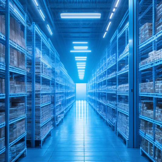 A futuristic warehouse interior with sleek, silver KUKA robots effortlessly navigating rows of towering shelves, their bright, glowing eyes scanning barcodes as they work in harmony, surrounded by a haze of soft, blue LED lighting.