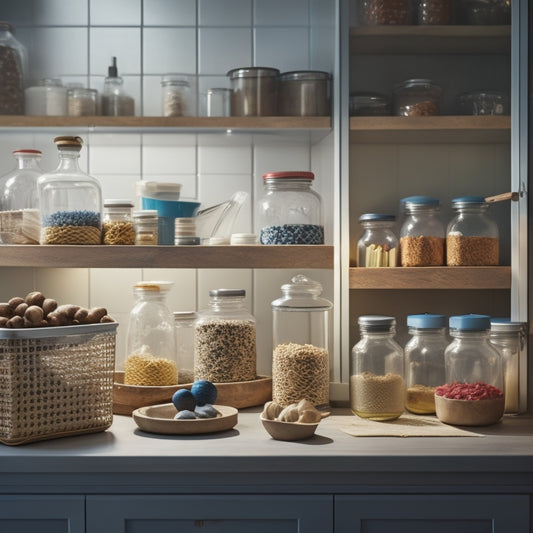 A tidy, well-lit baking station with a mix of transparent and opaque storage containers, baskets, and shelves, featuring a few visible baking supplies like utensils, ingredients, and decorative items.