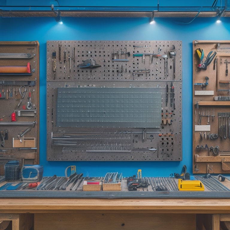 A well-organized workshop with a large, rectangular pegboard on the wall, adorned with various tools and accessories, surrounded by a workbench, toolbox, and measuring tape.