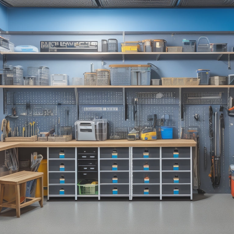 A modern garage or workshop with a large, wall-mounted pegboard cabinet featuring rows of hooks, bins, and shelves, surrounded by organized tools, gadgets, and accessories in a tidy, well-lit space.