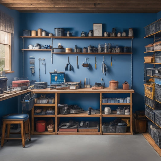 A tidy workshop with a pegboard on the wall, labeled bins on shelves, and a rolling tool chest with neatly arranged drawers, surrounded by a clean and clutter-free floor.