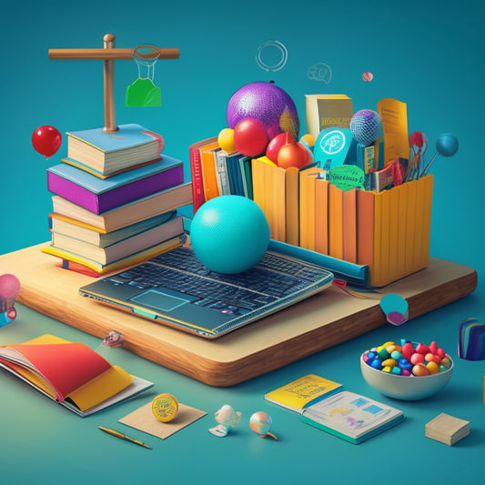 A whimsical illustration of a teacher's desk overflowing with colorful books, tablets, and laptops, surrounded by floating thought bubbles containing icons of educational apps and games.