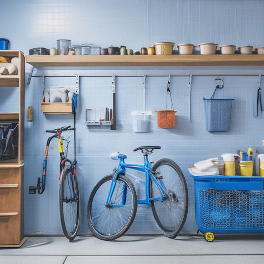 A pegboard with hooks, bins, and tools organized neatly, against a clean garage wall with a few bicycles and storage containers in the background, with warm lighting and a sense of tidiness.
