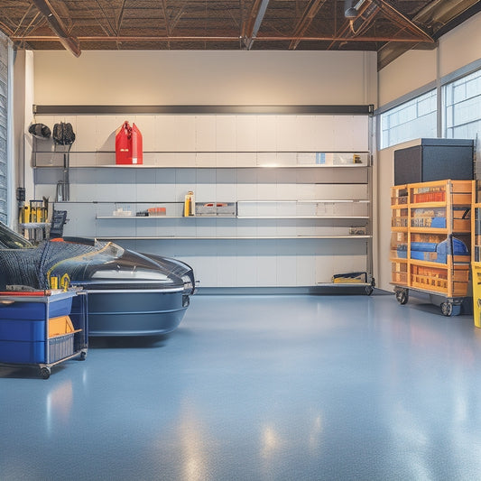 A clutter-free garage with polished concrete floors, featuring a sleek black and silver storage system with labeled bins, a pegboard with organized tools, and a sports car parked in the center.