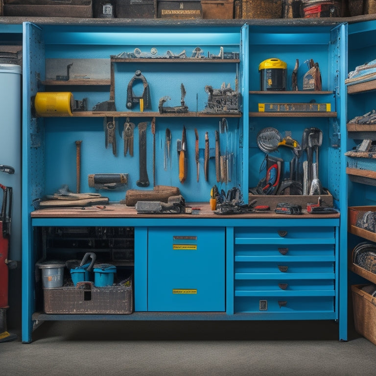 A tidy workshop with a wall-mounted, 5-drawer plastic tool storage unit, each drawer labeled with a different colored tab, with various tools and equipment neatly organized inside.