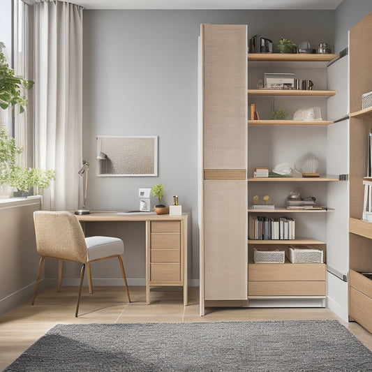 A tidy, modern studio apartment with a Murphy bed, a compact desk, and a modular shelving unit, featuring woven baskets and sleek, space-saving decorative accents.