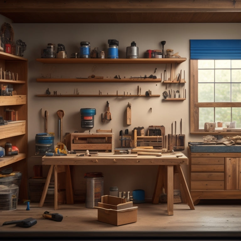 A DIY workshop scene with a wooden shelving unit under construction, surrounded by tools, wooden planks, and measuring tapes, with a hammer and drill laid out on a workbench.