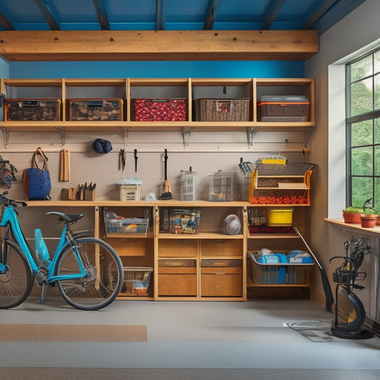 A clean and organized garage with a slatwall featuring hooks, bins, and a pegboard, surrounded by a tidy workbench, a labeled storage cabinet, and a swept floor with a few parked bicycles.