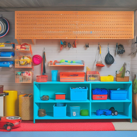 A clutter-free small garage with a pegboard on the wall, colorful bins and baskets on shelving units, a rolling tool chest, and a DIY slatwall with hooks and bins, all illuminated by a single overhead light.