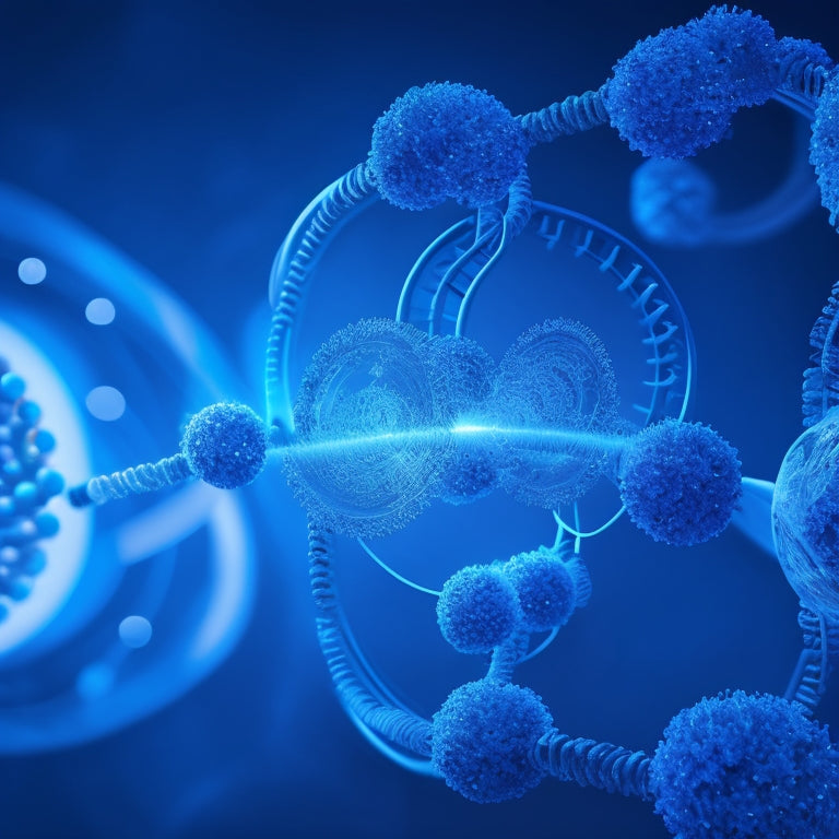 A stylized, futuristic illustration of a DNA double helix surrounded by orbiting gears, circuits, and microscopes, with glowing blue lines and nodes connecting the elements, set against a dark blue gradient background.