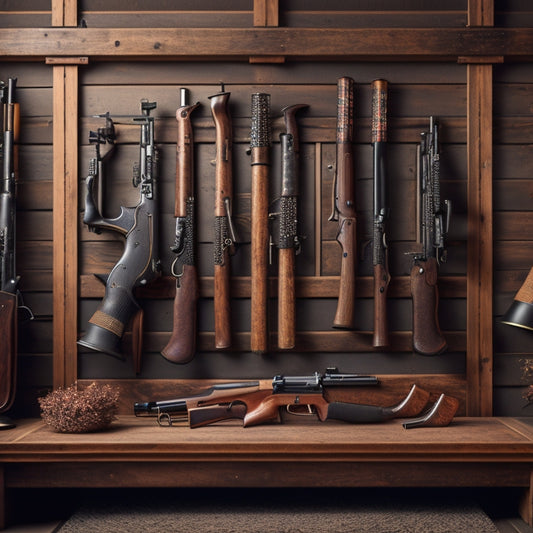 A wooden wall with a rustic finish, adorned with a symmetrical arrangement of six rifles and four handguns, held by sturdy metal brackets with a matte black finish, surrounded by patriotic decorations.