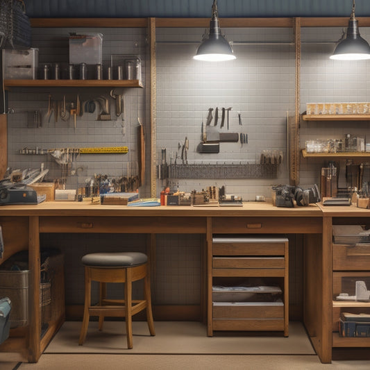 A well-lit, modern workbench with neatly arranged tools and supplies, featuring a pegboard with hung items, a built-in vice, and a sliding drawer organizer with labeled compartments.