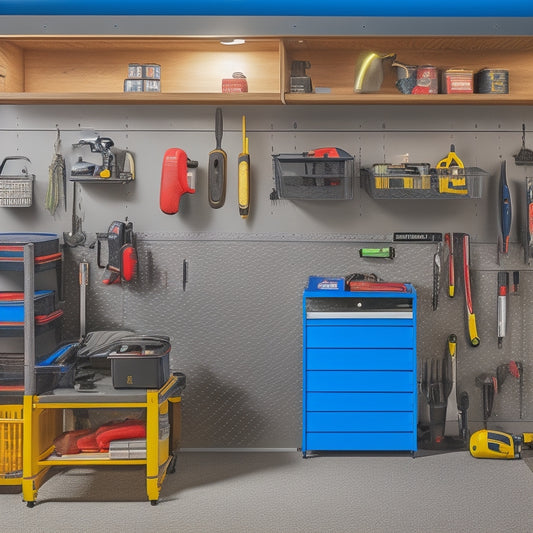 A well-organized garage with a pegboard on the wall, holding a selection of cordless tools, and a nearby storage cabinet with labeled bins and a built-in charging station.