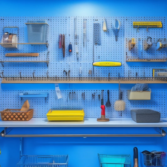 A minimalist, brightly lit pegboard installation in a compact closet or workspace, featuring neatly organized tools, accessories, and storage bins, with a few strategically placed hooks and baskets.