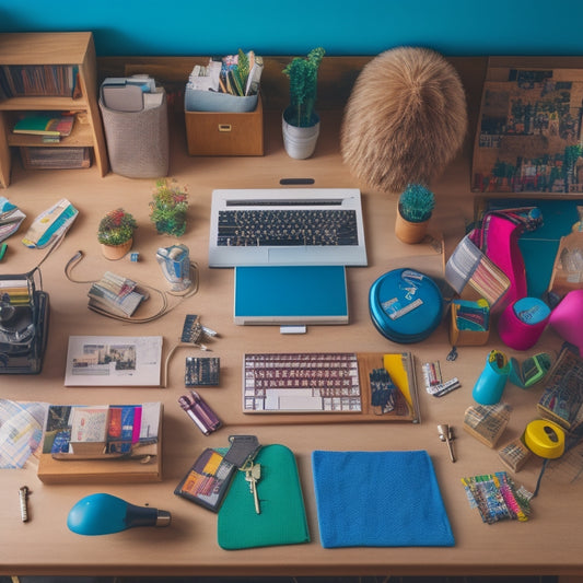 A cluttered college dorm room desk with scattered books, a laptop, and a few scattered keys, adjacent to a tidy section with a labeled key holder, a mini pegboard, and a colorful set of organized keys.