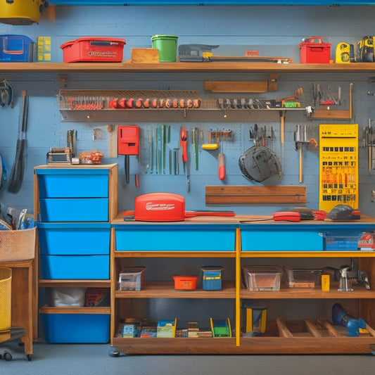 A tidy garage workshop with a pegboard-covered wall, tools organized by category, a labeled storage bin system, and a central workstation with a vice and built-in measuring tape.