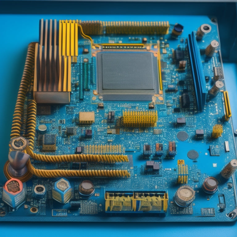 A diagram of a computer motherboard with a highlighted socket tray, surrounded by CPU pins, capacitors, and circuits, with wires and cables connecting to other components in a tidy, organized manner.