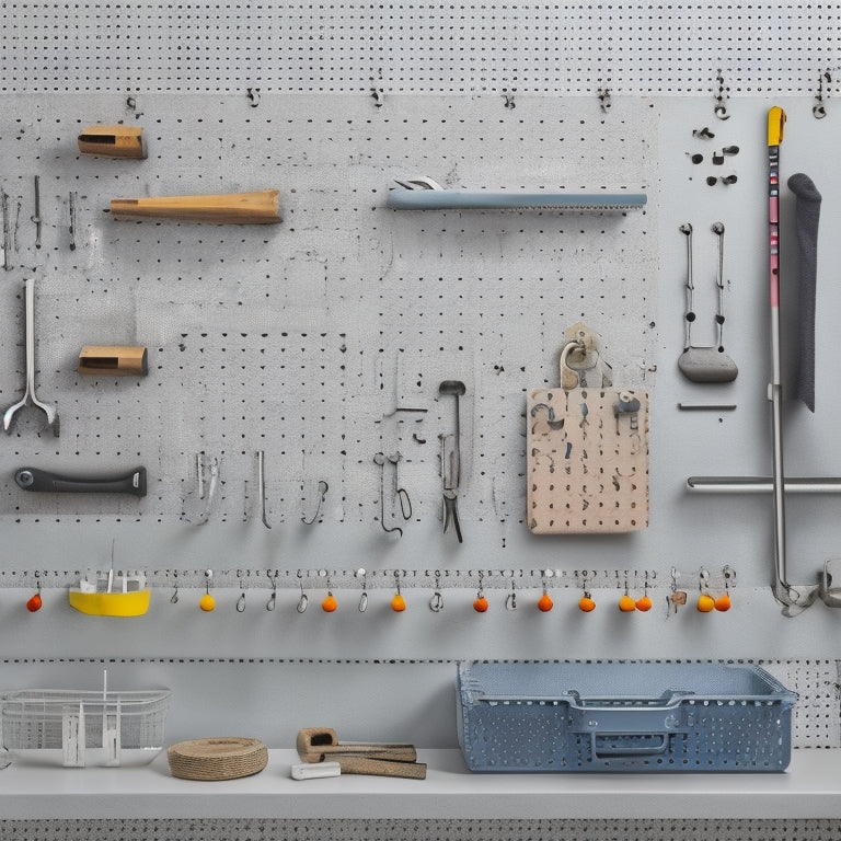 A pegboard with various tools and accessories hung from hooks, surrounded by key holders in different shapes, sizes, and materials, against a clean white or light-gray background.