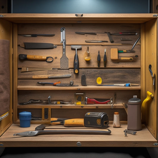 A clutter-free, well-organized tool box with a wooden or metal exterior, opened to reveal a tidy arrangement of essential tools, including a hammer, pliers, screwdrivers, tape measure, and level.