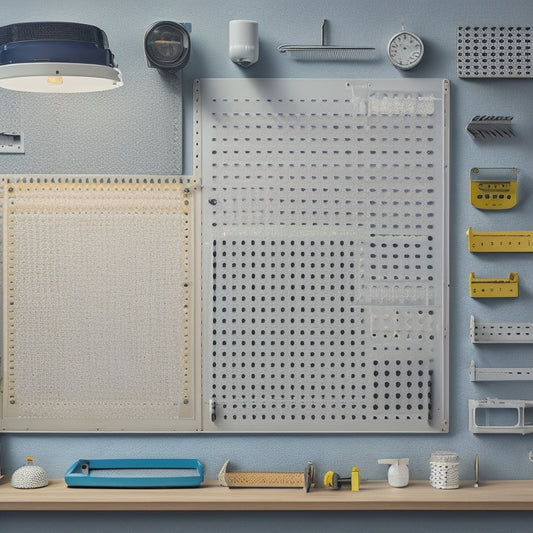 A pegboard with various tools and accessories arranged in a harmonious layout, featuring a mix of straight and curved lines, against a clean, light-gray background with subtle grid patterns.