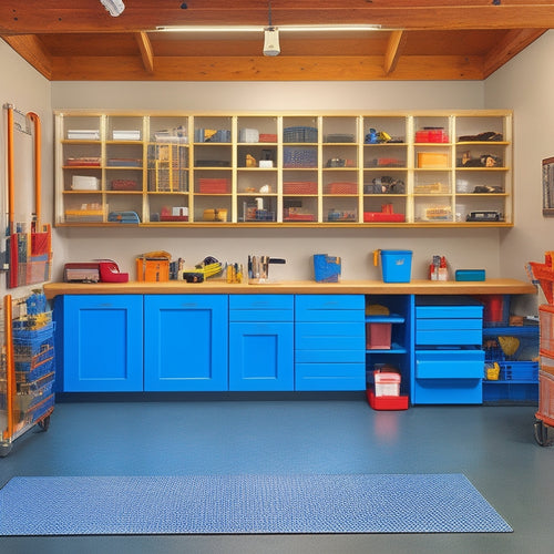 A clutter-free garage with a sturdy, L-shaped workbench featuring a vice, built-in cabinets, and a pegboard, surrounded by adjustable shelving units with baskets and bins, well-organized tools, and a sleek epoxy-coated floor.