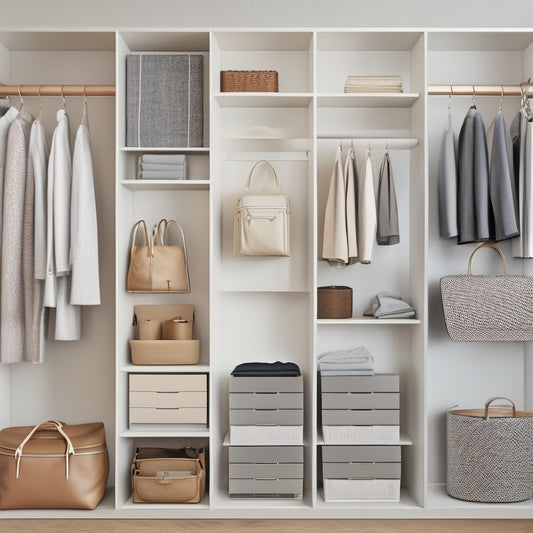 A minimalist closet with a functional wall featuring rows of silver hooks, wooden shelves, and a grid of compartments, showcasing organized clothing, bags, and accessories in a neutral color palette.