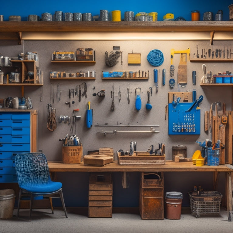 A tidy, well-lit workshop with a large pegboard on the wall, adorned with various tools and accessories, including a hammer, screwdrivers, and baskets, all neatly organized and easily accessible.