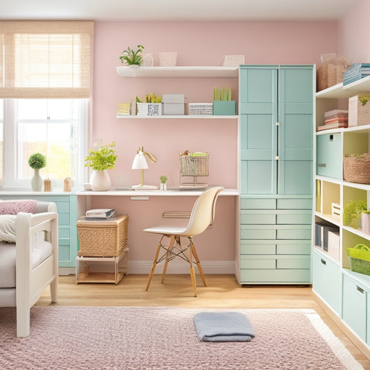 A clutter-free, minimalist room with a murphy bed, a compact desk, and a floor-to-ceiling shelving unit, featuring woven baskets, stackable crates, and hanging organizers in a calming, pastel color scheme.