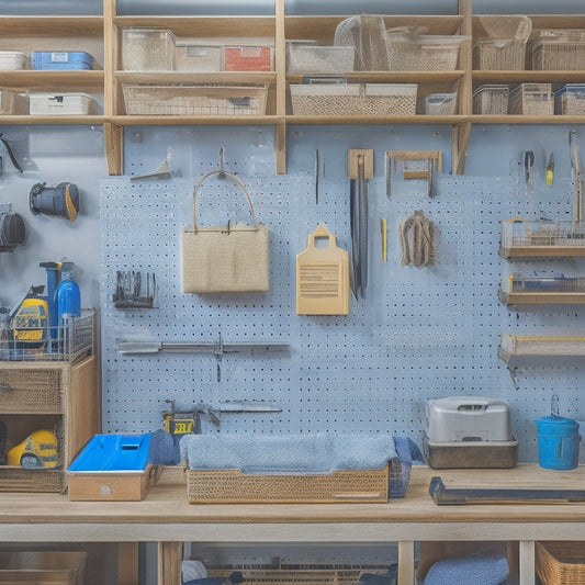 A well-organized workshop with a pegboard on the wall, holding various tools, a workbench with a vise, and a shelving unit with labeled bins and baskets, surrounded by a tidy floor.