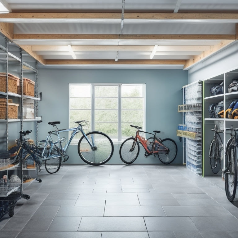 A clutter-free garage with three bikes of varying sizes suspended from the ceiling by sleek, silver holders, surrounded by ample storage bins and a tidy workbench.