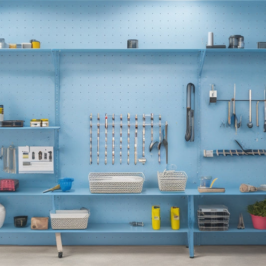 A modern, bright workshop with a large, sleek pegboard covering an entire wall, adorned with neatly organized tools and accessories in a harmonious color scheme, surrounded by minimalist shelving units.