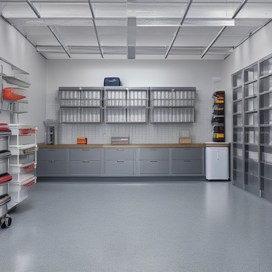 A well-organized garage with a sleek, gray epoxy floor, featuring a modular storage system consisting of silver metal cabinets, wall-mounted bins, and a slatwall with hooks and baskets.